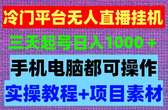 全网首发冷门平台无人直播挂机项目，三天起号日入1000＋，手机电脑都可操作