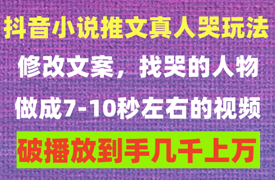 抖音小说推文最新真人哭玩法，适合零基础小白，一部手机轻松月入7W+